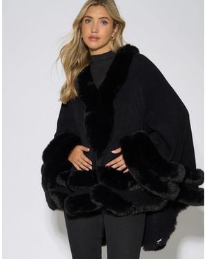 Gini London Double Layer Fur Trim Cape - Black