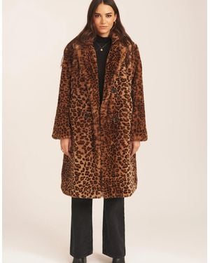 Gini London Leopard Double Breasted Longline Faux Fur - Brown