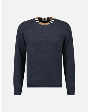 Burberry 'Noland' Knitted Wool/ Cashmere Jumper Check Neck Charcoal - Blue