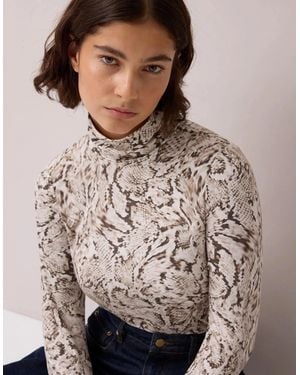 Ro&zo Neutral Snake Print Roll Neck Top - Brown