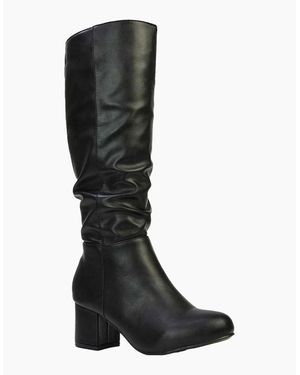 XY London Ladies Jackie Ruched Mid Block Heel Knee-High Boots - Black