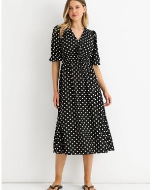 Gini London Spot Print Shirred Waist Shift Midi Dress - Black