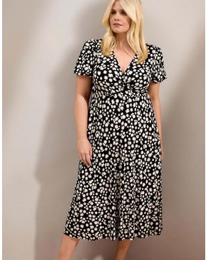 Live Unlimited London Petite Ditsy Print Wrap Front Midi Dress With Short Sleeves - Black