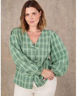 Live Unlimited London Check Bow Front Blouse - Green