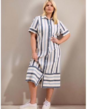 Live Unlimited London Stripe Short Sleeve Linen Blend Shirt Dress - Blue