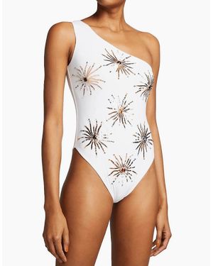 Oceanus Callie One Shoulder Hand Embroidered Swimsuit - White