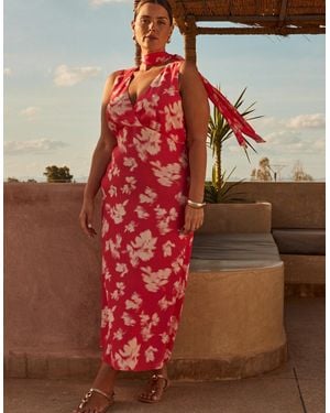 Live Unlimited London Coral Floral Print Sleeveless Midi Dress With Neck Scarf - Red