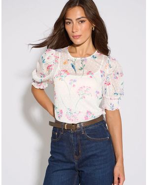 Gini London Off Floral Dobby Chiffon Shirred Cuff Blouse - White