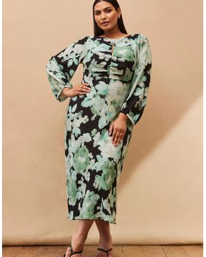 Live Unlimited London Floral Print Ruched Maxi Dress - Blue
