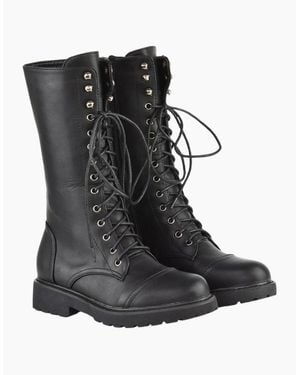 XY London Ladies Mulan Chunky Lace Up Knee-High Boots - Black