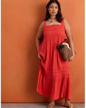 Live Unlimited London Crinkle Pintuck Lace Trim Midaxi Dress - Red
