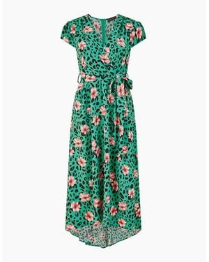 Mela London Animal Print V-Neck Midi Wrap Dress - Green