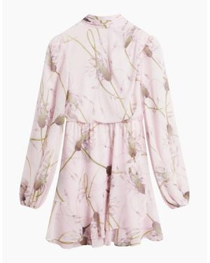 Ted Baker Arakas Printed Long Sleeve Neck Tie Light Dress - Pink