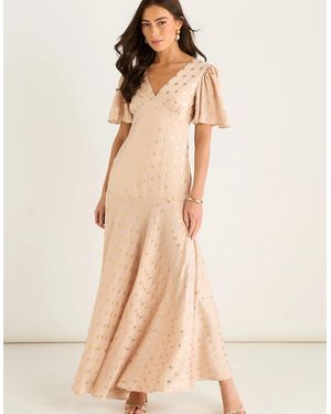 Gini London Stone Angel Sleeves Foil Pattern Maxi Dress - Natural