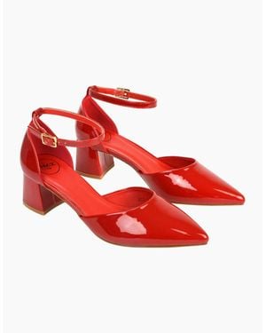 XY London Ladies Evie Ankle Strap Low Block Heel Court Shoes - Red