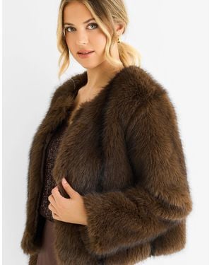 Gini London Coffee Round Neck Faux Fur Cropped Jacket - Brown