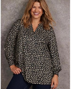 Live Unlimited London Feather Print Nehru Collar Tunic - Brown