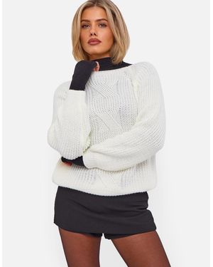 Gini London Cream Crew Neck Rib Knit Oversized Jumper - White