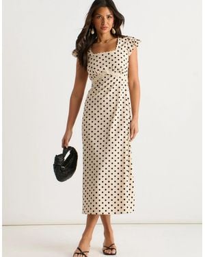 Gini London Cream Cotton Spot Print Lace Trim Midi Dress - Natural