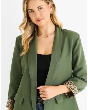 Gini London Khaki Contrast Animal Edge To Edge Blazer - Green