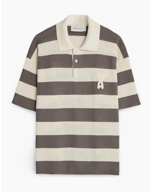 Ami Paris Ajoure Striped Knitted Polo - Grey