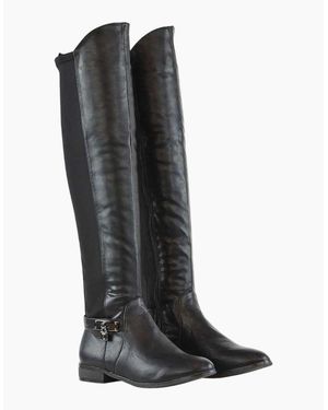 XY London Ladies Bella Zip Elasticated Flat Thigh-High Boots - Black