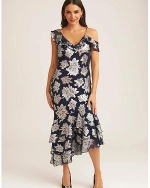 Gini London Floral Clipped Tiered Ruffle Midi Dress - Black