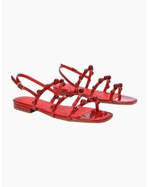 XY London Ladies Pamela Patent Strappy Beaded Flat Sandals - Red