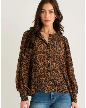 Gini London Chiffon Animal Print Pleated Shift Shirt Blouse - Black