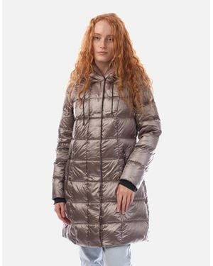 DKNY Zip Front Down Filled Long Puffer Jacket - Brown