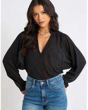 Gini London Textured Chiffon Oversized Blouse - Black