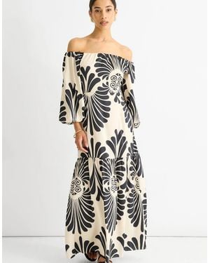 Gini London Cream Bardot Mono Print Maxi Dress - White