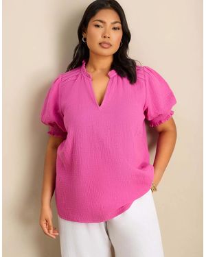 Live Unlimited London Cheesecloth Puff Sleeve Blouse - Pink
