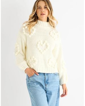 Gini London Cream Heart Bubble Chunky Knit High Neck Jumper - Blue