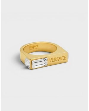 Versace Logo Engraved Crystal Embellished Ring - Metallic