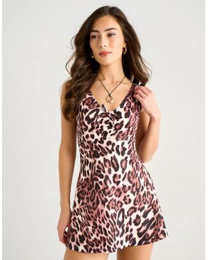 Gini London Leopard Print Tie Front Skirted Swimsuit - Multicolour