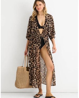 Gini London Animal Print Flowy Open Front Beach Cover Kimono - Natural