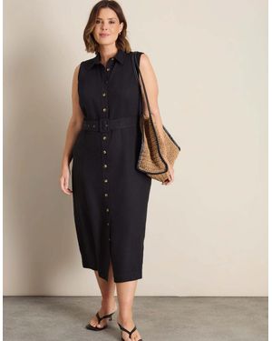Live Unlimited London Linen Blend Belted Midi Shirt Dress - Brown