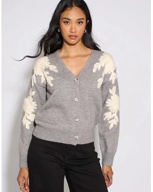 Gini London Marl Floral Applique Button Front Cardigan - Grey