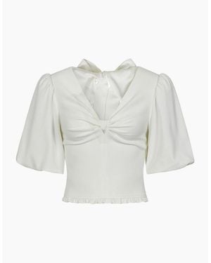 Little Mistress Cropped Puff Sleeve V-Neck Blouse - White