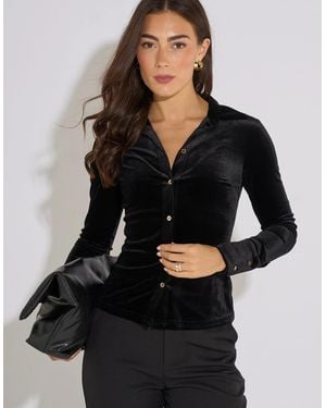 Gini London Velour Button Front Shirt - Black