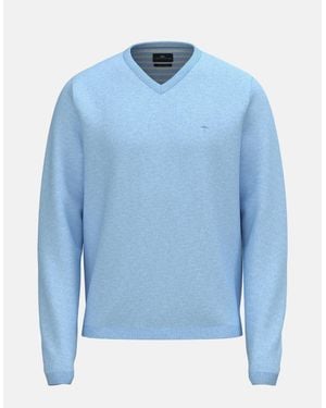 Fynch-Hatton Fine Knit Air Cotton V-Neck Jumper New Breeze - Blue