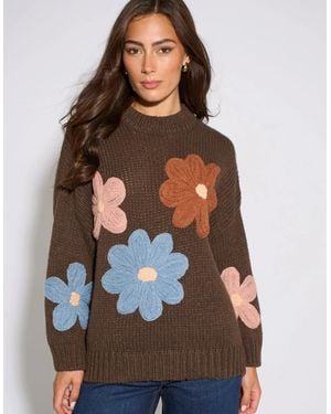 Gini London 3D Floral Turtle Neck Knit Jumper - Brown