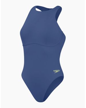 Speedo Ladies Support Logo Fitted One Piece Swimsuit - Blue