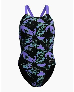 Speedo Ladies Abstract Leaderback One Piece Swimsuit - Blue