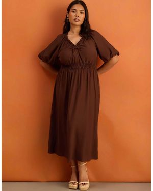 Live Unlimited London Puff Sleeve Elasticated Waist Dress - Brown