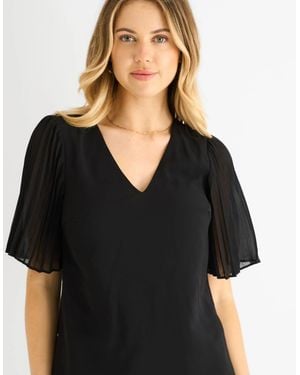 Gini London Chiffon Pleat Sleeves V Neck Top - Black