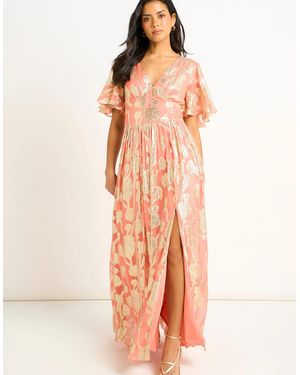 Gini London Metallic Jacquard Flutter Sleeves Floral Maxi Dress - Multicolour