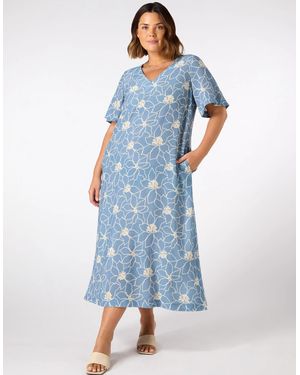 Live Unlimited London Floral V Neck T-Shirt Dress - Blue
