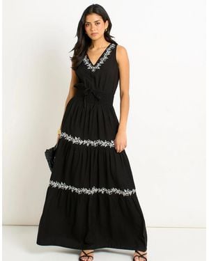 Gini London Floral Embroidery Tiered Maxi Dress - Black